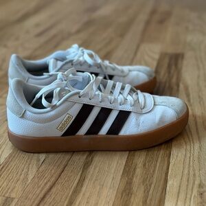 adidas White Sneakers with Black Stripes and Gum Sole